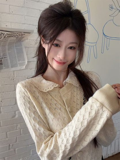 Peter Pan Collar Perforated Button-Up Crop Cardigan