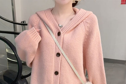 Plain Hooded Button-Up Cardigan