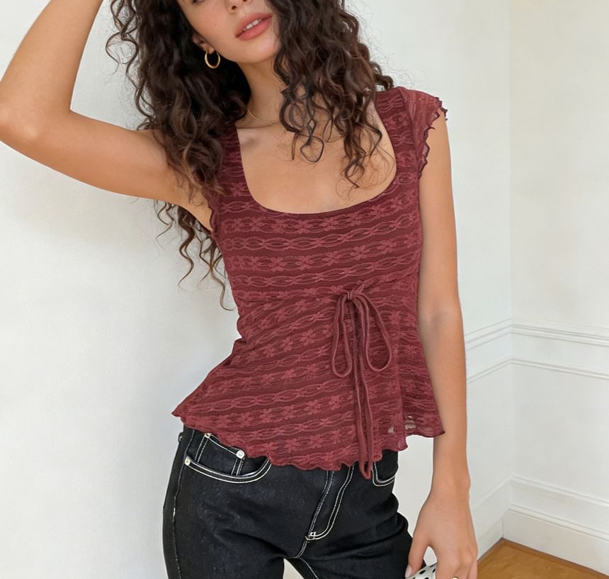 Scoop Neck Lace Tie-Waist Slim-Fit Tank Top
