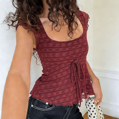 Scoop Neck Lace Tie-Waist Slim-Fit Tank Top