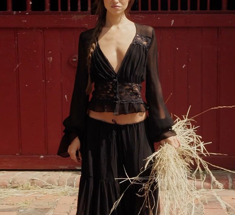Bell Sleeve V-Neck Ruffled Blouse and Tiered Maxi Skirt Set