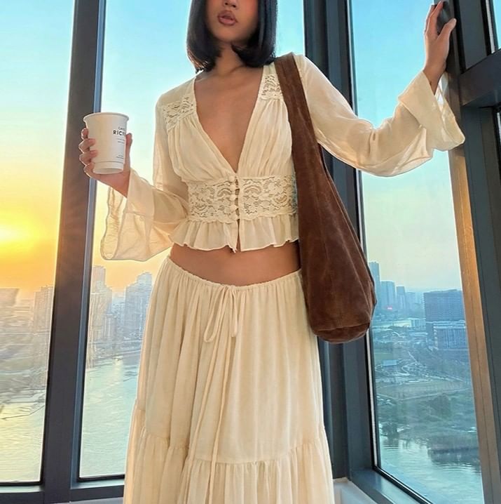 Bell Sleeve V-Neck Ruffled Blouse and Tiered Maxi Skirt Set