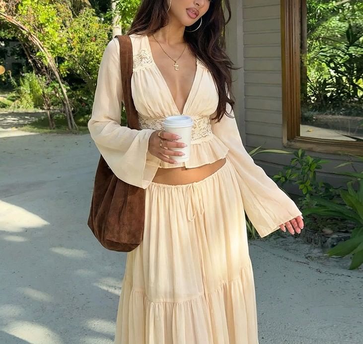Bell Sleeve V-Neck Ruffled Blouse and Tiered Maxi Skirt Set