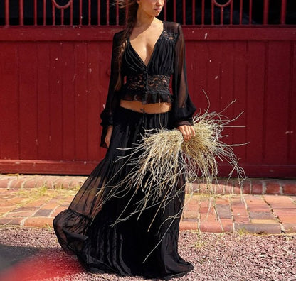 Bell Sleeve V-Neck Ruffled Blouse and Tiered Maxi Skirt Set