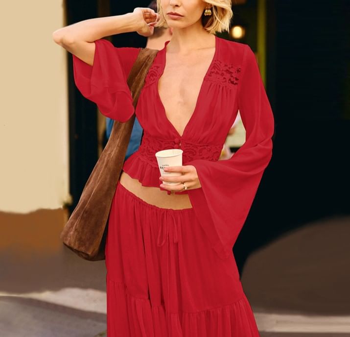 Bell Sleeve V-Neck Ruffled Blouse and Tiered Maxi Skirt Set