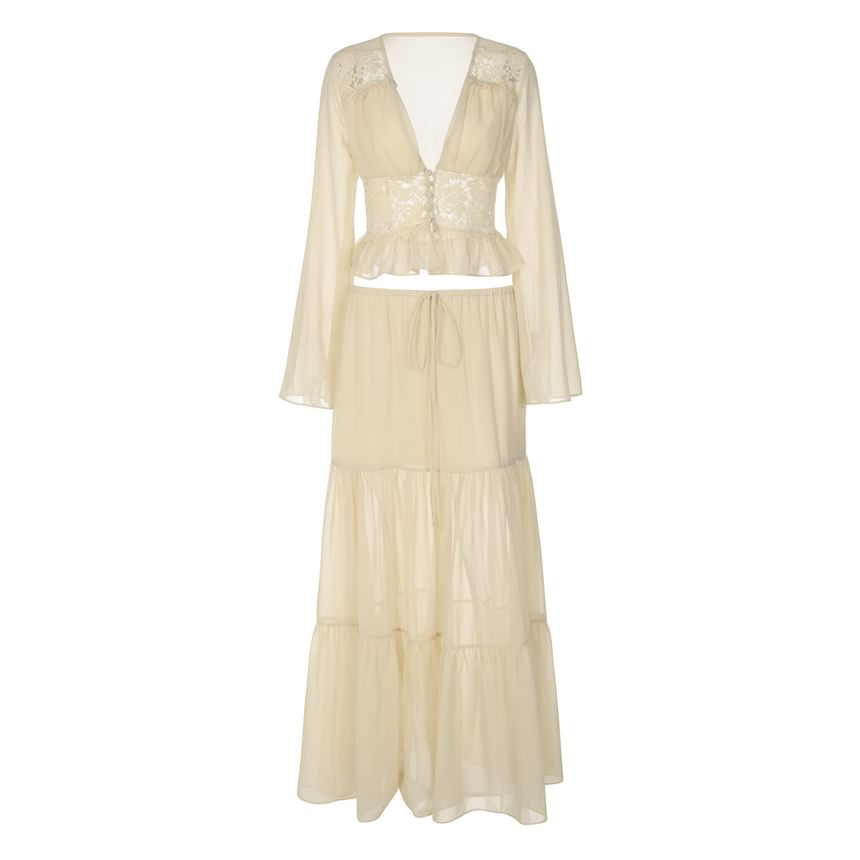 Bell Sleeve V-Neck Ruffled Blouse and Tiered Maxi Skirt Set