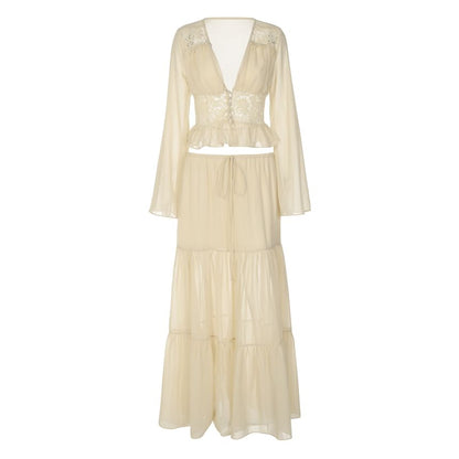 Bell Sleeve V-Neck Ruffled Blouse and Tiered Maxi Skirt Set