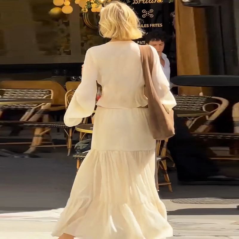 Bell Sleeve V-Neck Ruffled Blouse and Tiered Maxi Skirt Set