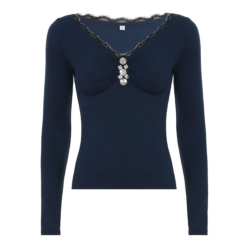 Long Sleeve V-Neck Lace-Trim Rhinestone Slim-Fit Crop T-Shirt