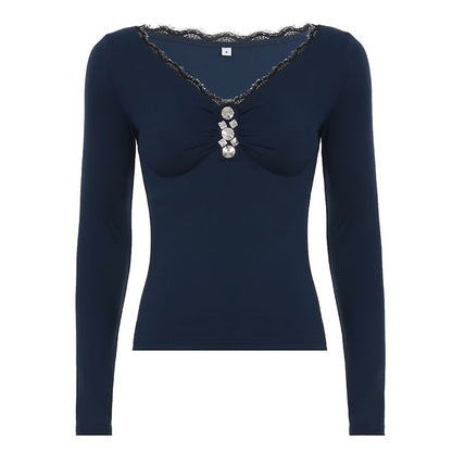 Long Sleeve V-Neck Lace-Trim Rhinestone Slim-Fit Crop T-Shirt