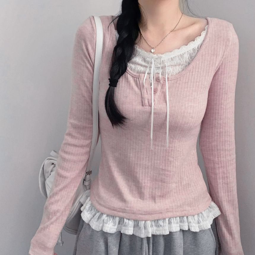 Long Sleeve Mock Two Piece Lace Panel Ribbed-Knit Top