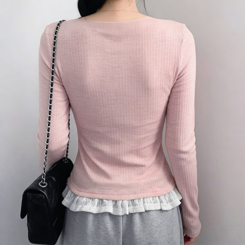 Long Sleeve Mock Two Piece Lace Panel Ribbed-Knit Top