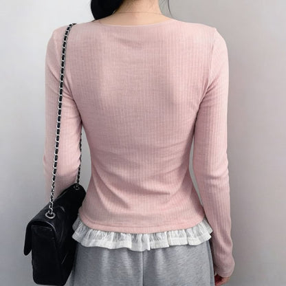 Long Sleeve Mock Two Piece Lace Panel Ribbed-Knit Top