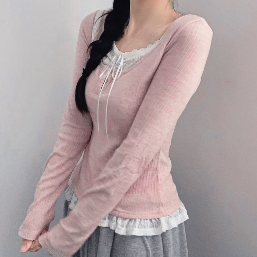 Long Sleeve Mock Two Piece Lace Panel Ribbed-Knit Top