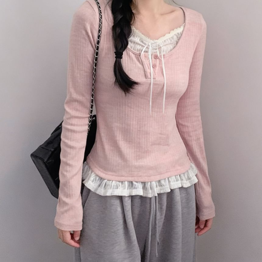 Long Sleeve Mock Two Piece Lace Panel Ribbed-Knit Top