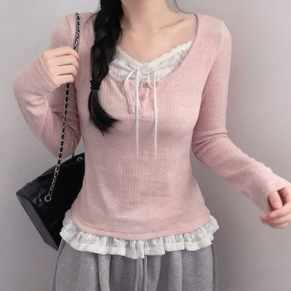 Long Sleeve Mock Two Piece Lace Panel Ribbed-Knit Top