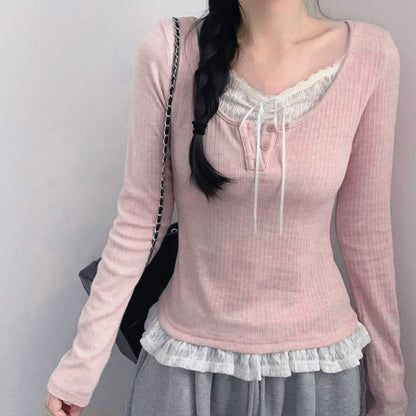 Long Sleeve Mock Two Piece Lace Panel Ribbed-Knit Top