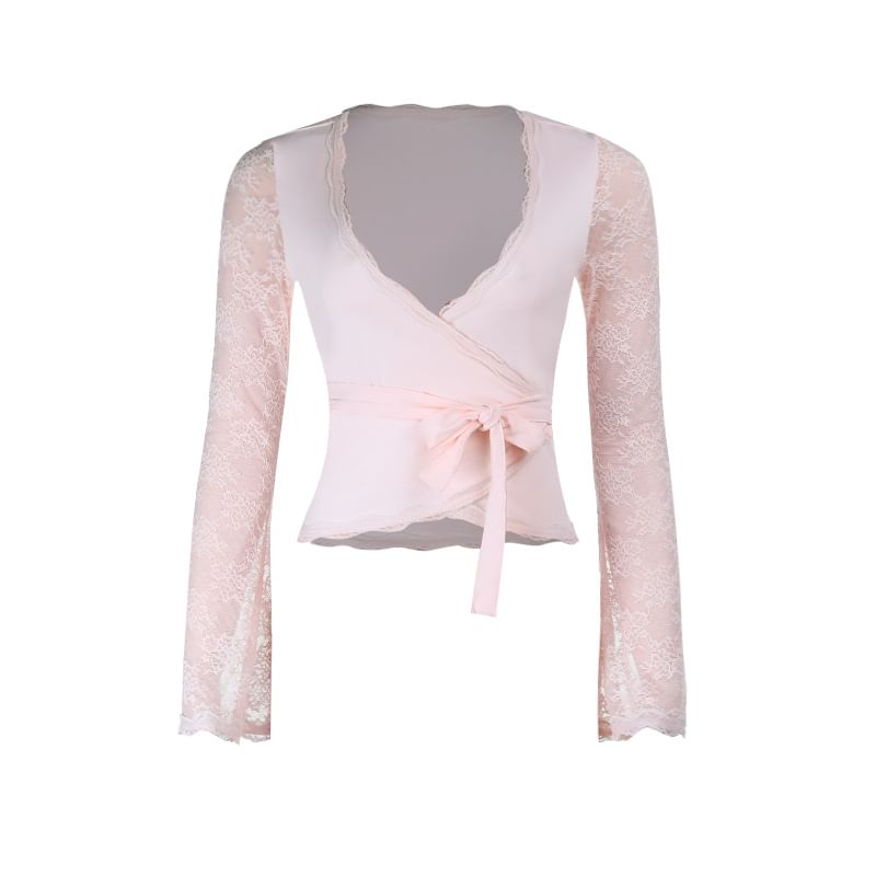 Long Sleeve V-Neck Lace Panel Tie-Waist Crop Top