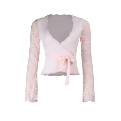 Long Sleeve V-Neck Lace Panel Tie-Waist Crop Top
