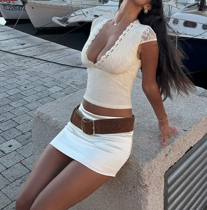 Cap Sleeve V-Neck Lace Slim-Fit Crop Top