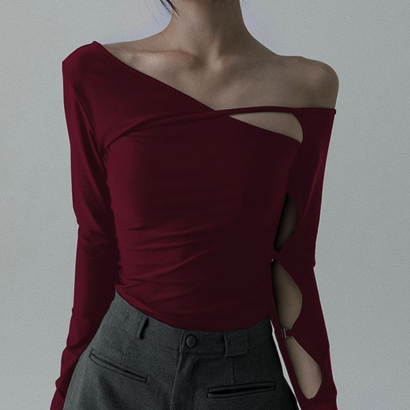 One Shoulder Cutout Top with Long Sleeves