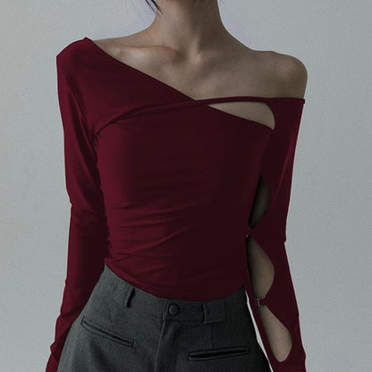 One Shoulder Cutout Top with Long Sleeves