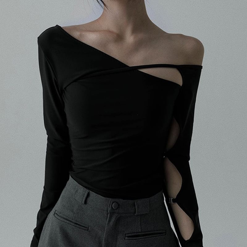 One Shoulder Cutout Top with Long Sleeves