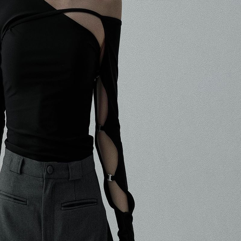 One Shoulder Cutout Top with Long Sleeves