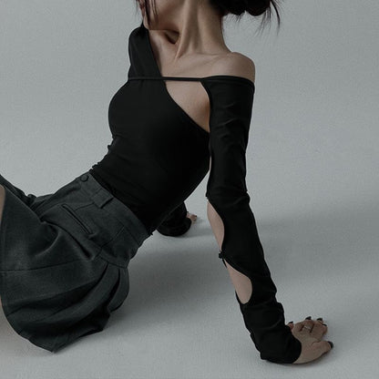 One Shoulder Cutout Top with Long Sleeves