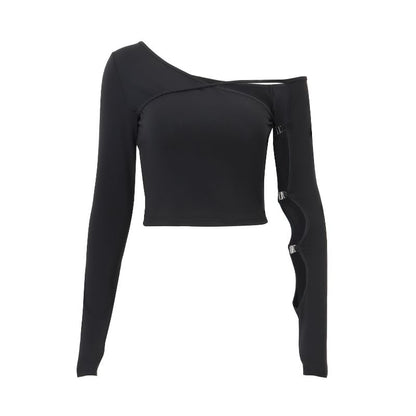 One Shoulder Cutout Top with Long Sleeves