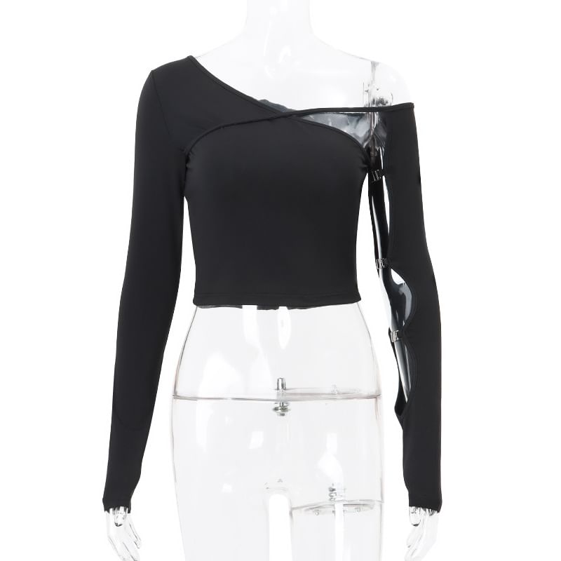One Shoulder Cutout Top with Long Sleeves