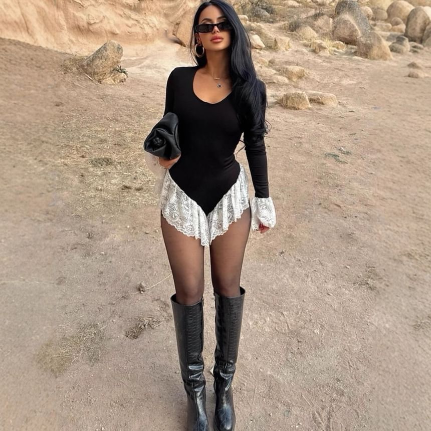 Bell Sleeve Lace Bodysuit with Ruffle Panel