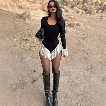 Bell Sleeve Lace Bodysuit with Ruffle Panel