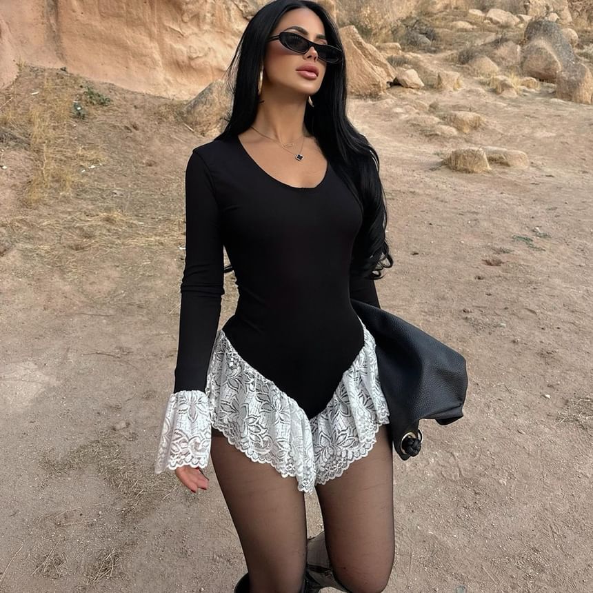 Bell Sleeve Lace Bodysuit with Ruffle Panel