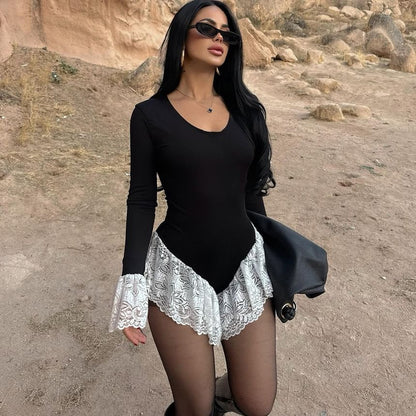 Bell Sleeve Lace Bodysuit with Ruffle Panel