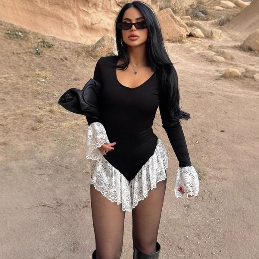 Bell Sleeve Lace Bodysuit with Ruffle Panel