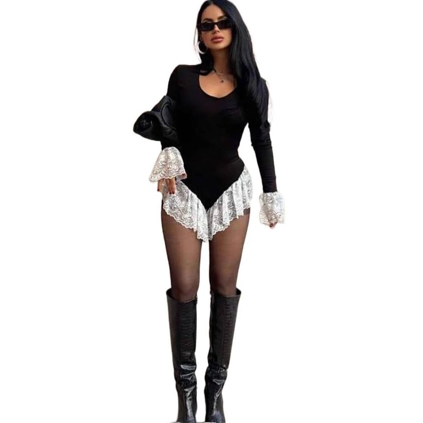 Bell Sleeve Lace Bodysuit with Ruffle Panel