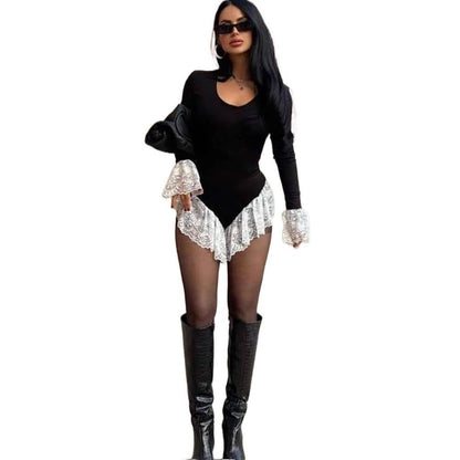 Bell Sleeve Lace Bodysuit with Ruffle Panel
