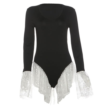 Bell Sleeve Lace Bodysuit with Ruffle Panel