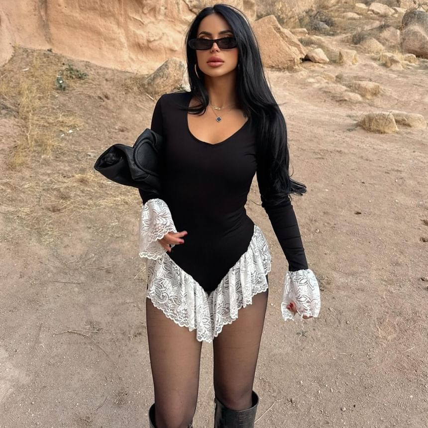 Bell Sleeve Lace Bodysuit with Ruffle Panel