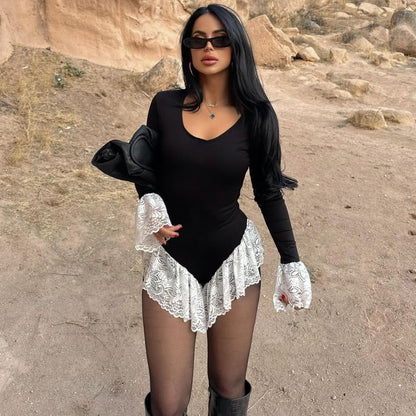 Bell Sleeve Lace Bodysuit with Ruffle Panel