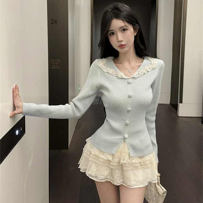 Long-Sleeve Split Neck Lace Trim Slit Knit Top
