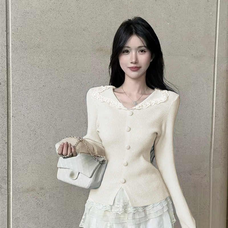 Long-Sleeve Split Neck Lace Trim Slit Knit Top