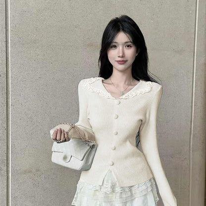 Long-Sleeve Split Neck Lace Trim Slit Knit Top