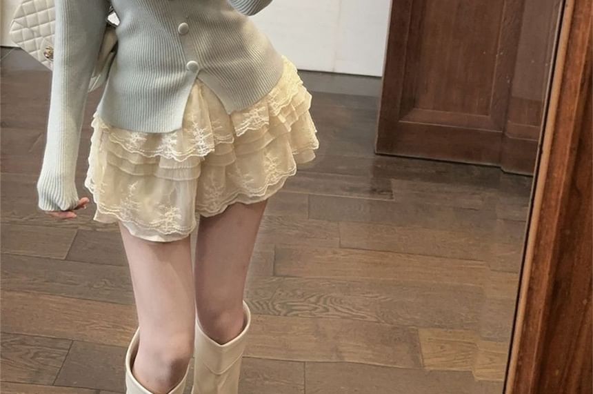 Long-Sleeve Split Neck Lace Trim Slit Knit Top