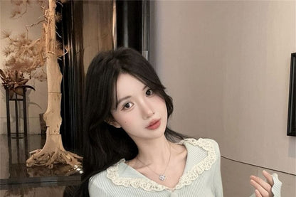 Long-Sleeve Split Neck Lace Trim Slit Knit Top