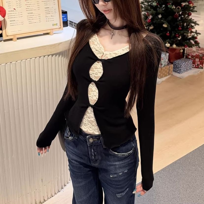 Mock Two-Piece Long-Sleeve V-Neck Lace Panel Cutout Slit Crop Top