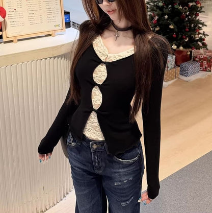 Mock Two-Piece Long-Sleeve V-Neck Lace Panel Cutout Slit Crop Top