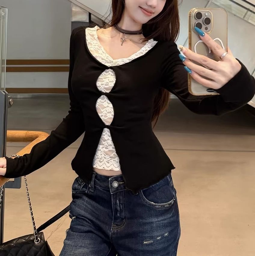 Mock Two-Piece Long-Sleeve V-Neck Lace Panel Cutout Slit Crop Top