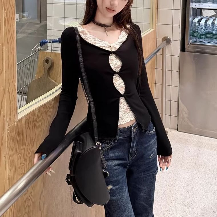 Mock Two-Piece Long-Sleeve V-Neck Lace Panel Cutout Slit Crop Top